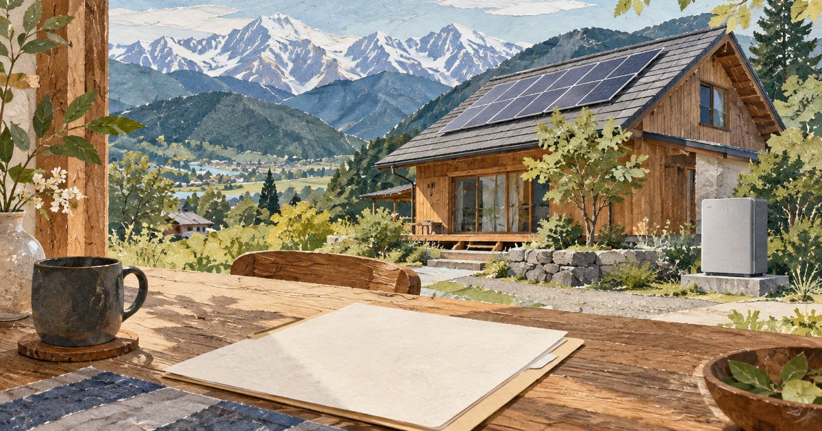 長野の山並みを背にした太陽光屋根の木造住宅と、手前の無地の申請準備用紙