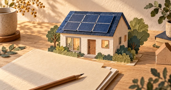 屋根に太陽光パネルを載せた住宅模型と、無記名の書類を並べた紙工作