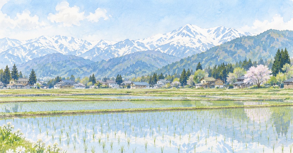 雪解けの田んぼと遠くの住宅屋根を、水彩と鉛筆線で描く新潟の春景色
