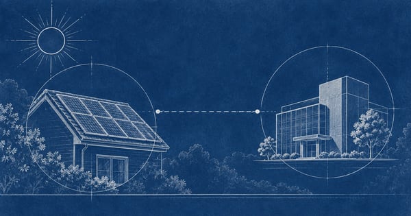 太陽光のある屋根と事業者の建物を結ぶ青写真風の図