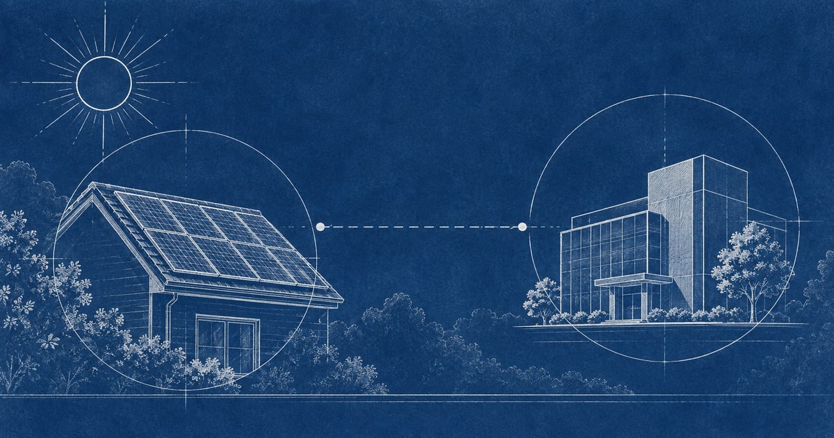 太陽光のある屋根と事業者の建物を結ぶ青写真風の図