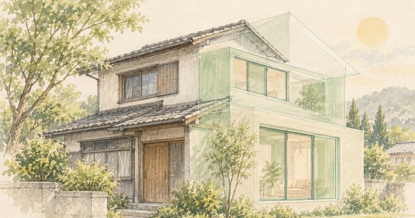 古い住宅と新しい壁や窓を重ねたリフォームの建築スケッチ
