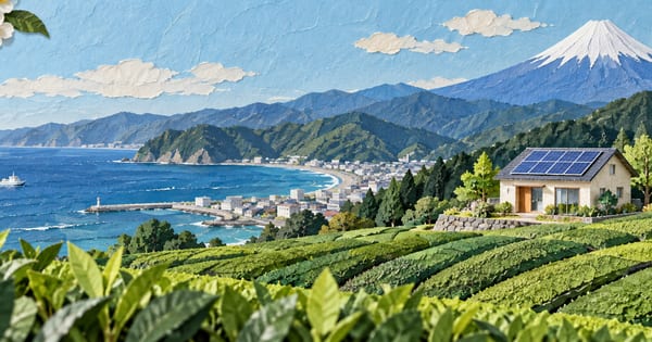 茶畑と山の間にある太陽光パネル付きの小さな家