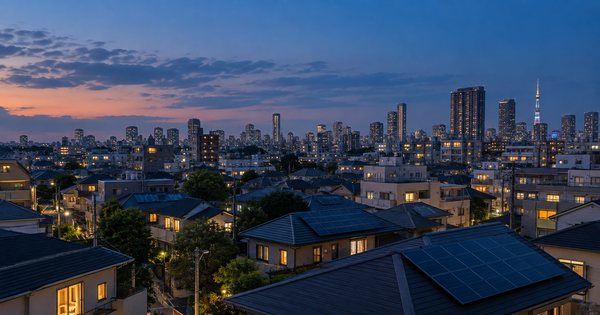 夕暮れの東京の住宅地で、複数の屋根に太陽光パネルが見える広い風景
