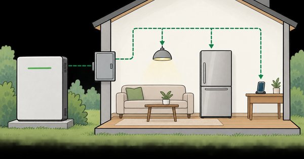 停電時に家の優先回路へ電気が届く様子を、無文字の家と回路分岐で表した非実機の概念図