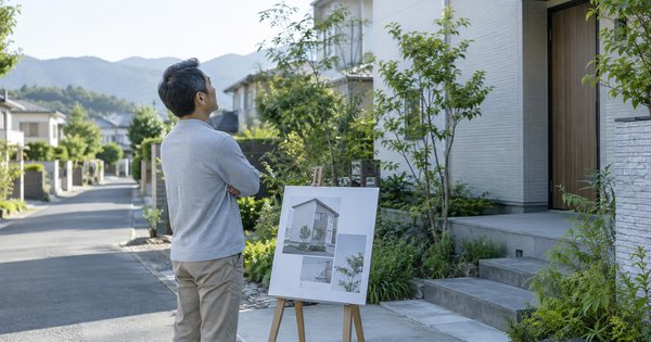 住宅の前で、無記名の見本板を見ながら検討する人