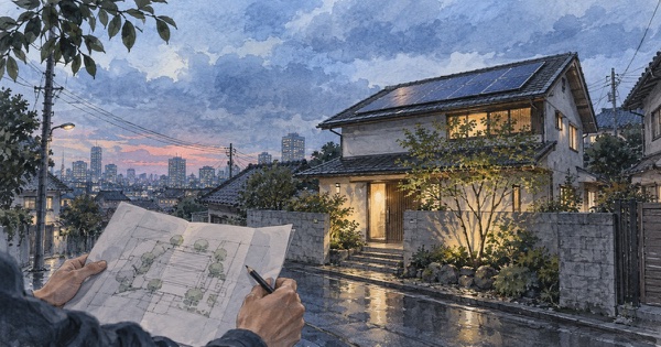 雨上がりの住宅街で、屋根上パネルのある戸建てを見ながら、手元の配置図に鉛筆を添える手