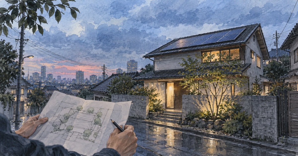 雨上がりの住宅街で、屋根上パネルのある戸建てを見ながら、手元の配置図に鉛筆を添える手