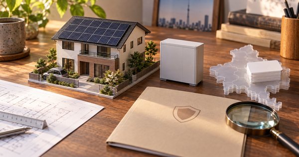 太陽光付き住宅と蓄電池の模型を、対象地域と保証の確認資料とともに並べた机