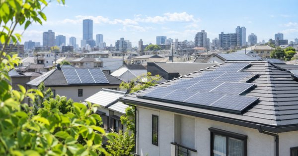 青空の下の東京都市部の住宅屋根と、若い木の葉を明るく切り取った写真
