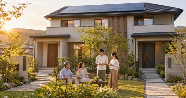 太陽光パネルを載せた二世帯住宅の庭で話す二世代の家族