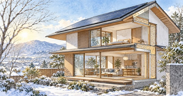 太陽光パネルのある新築住宅を描いた水彩建築スケッチ