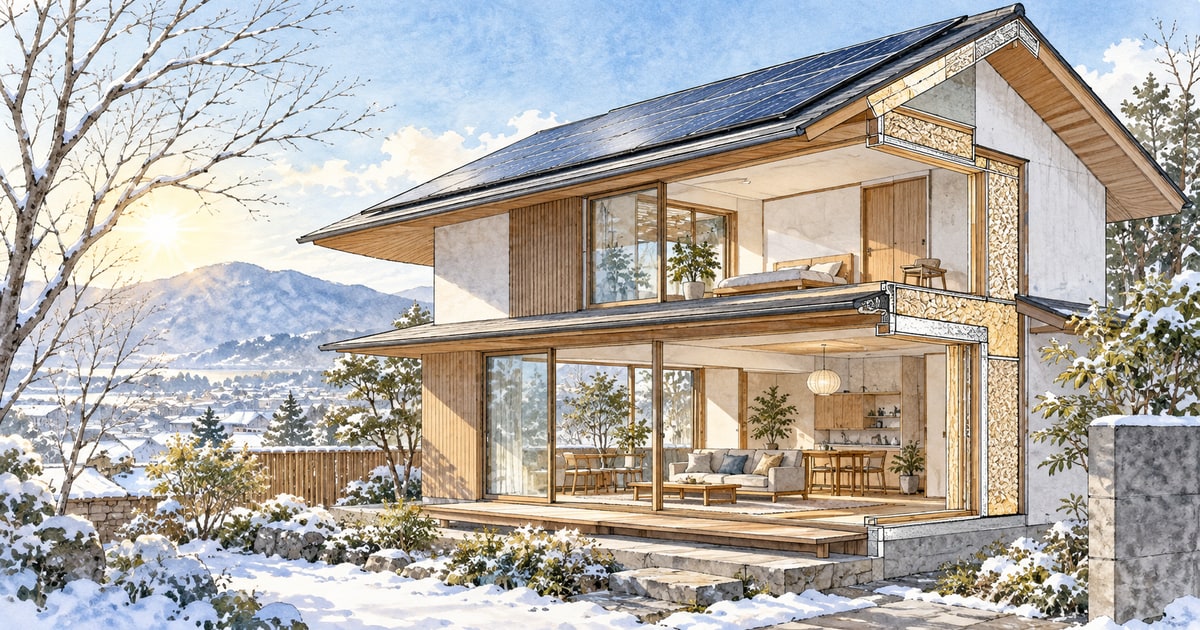 太陽光パネルのある新築住宅を描いた水彩建築スケッチ